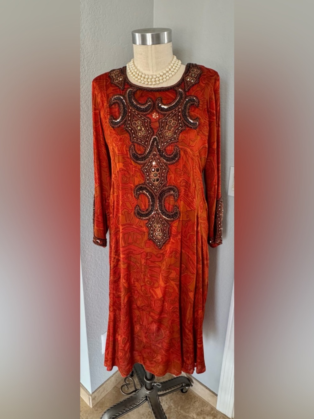 Luxe Embellished Orange Print Beaded Embroidered Kurta M-L